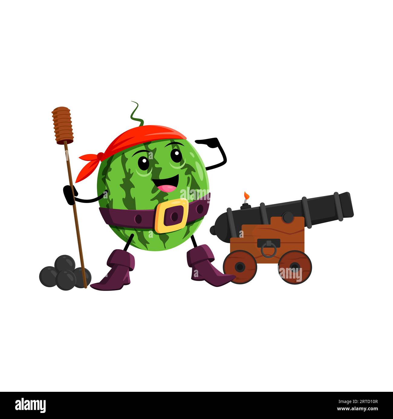 Cartoon watermelon fruit pirate and corsair character with cannon. Vector ripe fruit freebooter