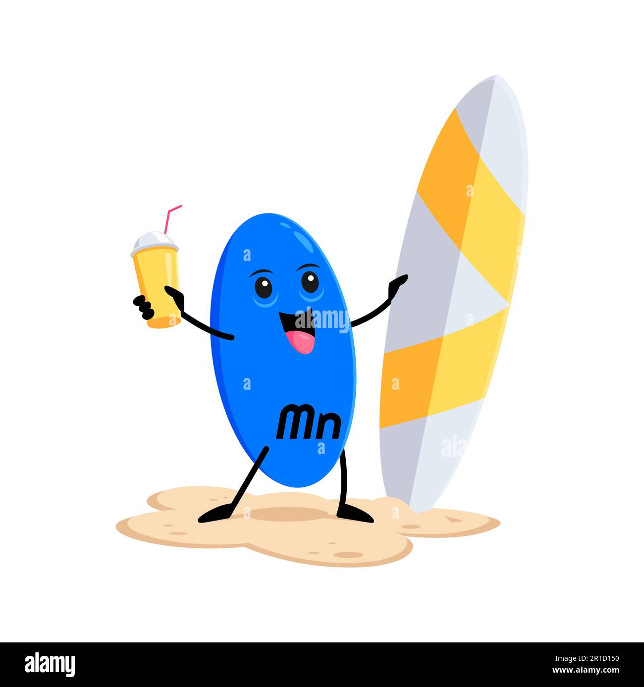 Cartoon Manganese or manganum micronutrient character with surfboard and cocktail on summer beach. Isolated vector Mn blue vitamin capsule personage s Stock Vector