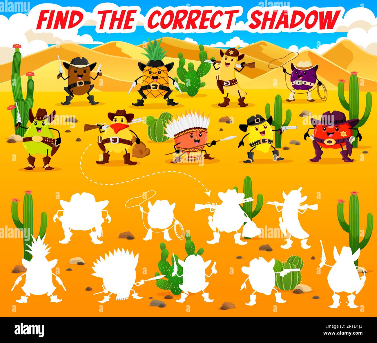 Find the correct shadow of Wild West cartoon cowboy, sheriff and robber