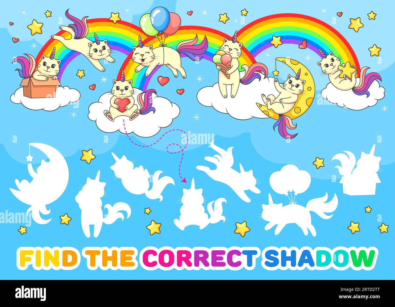Find a correct shadow of cute caticorn cats and kittens, matching game