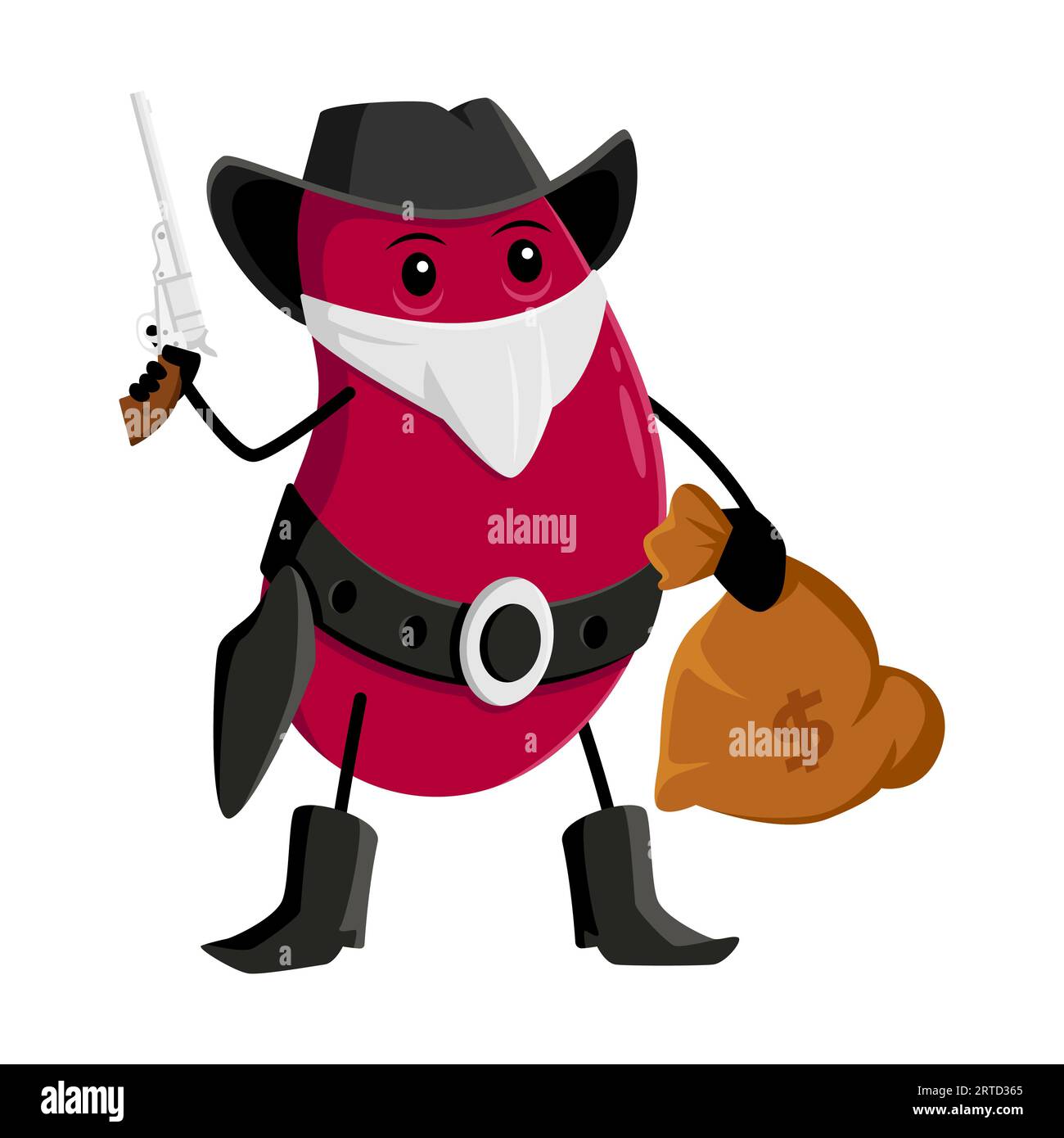 Cartoon bean robber or bandit character. Funny vector red kidney cowboy or ranger with hidden face holding money sack and gun. Isolated fantasy health Stock Vector