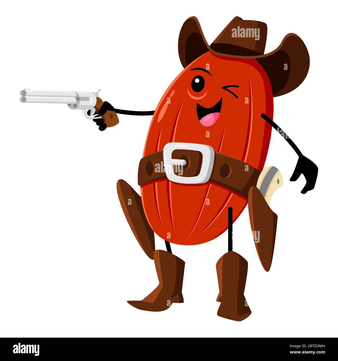 Cartoon peanut robber or bandit character. Vector nut cowboy aiming with gun into target. Wild