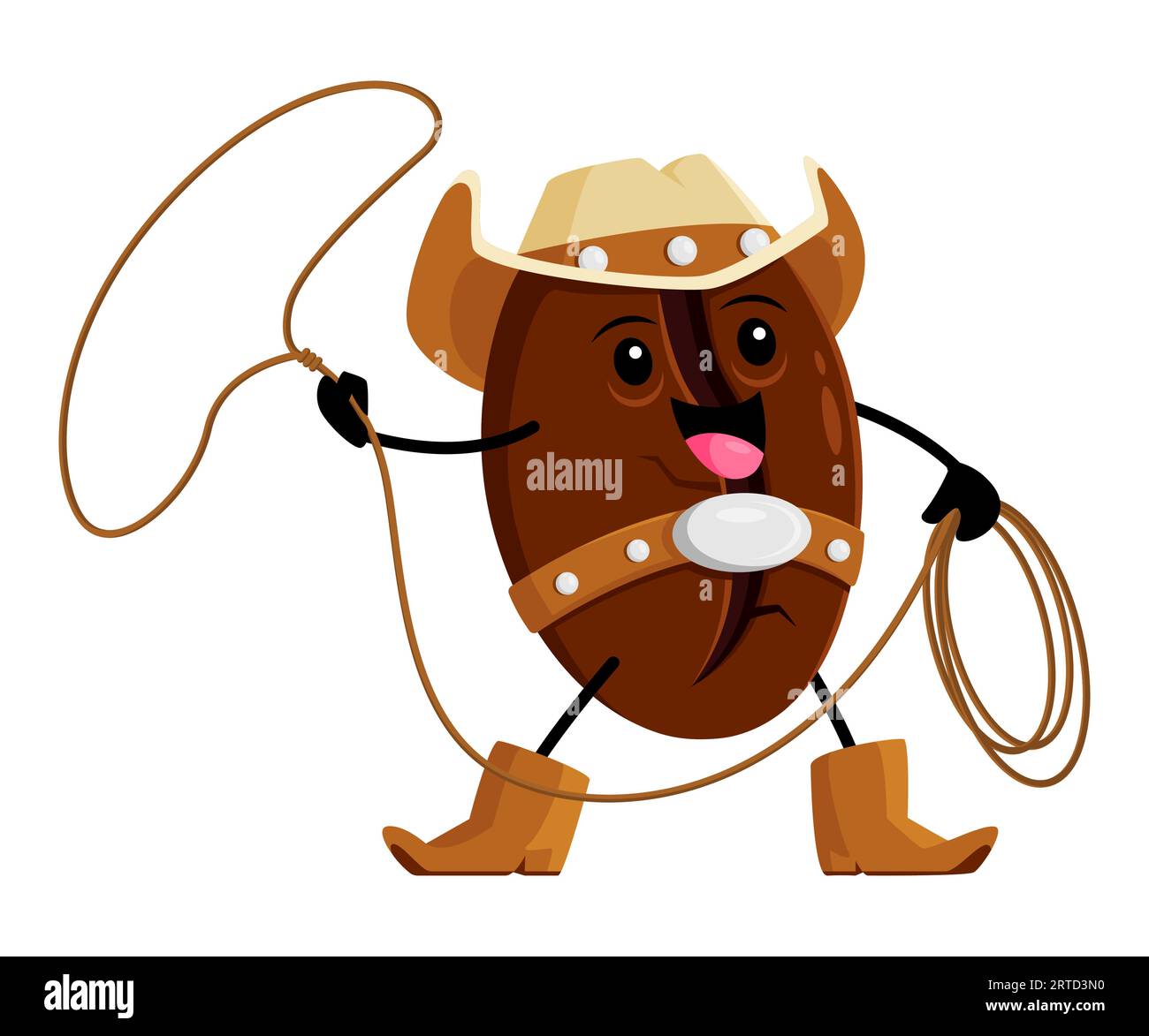 Cartoon coffee bean cowboy character with lasso. Vector horseman ...