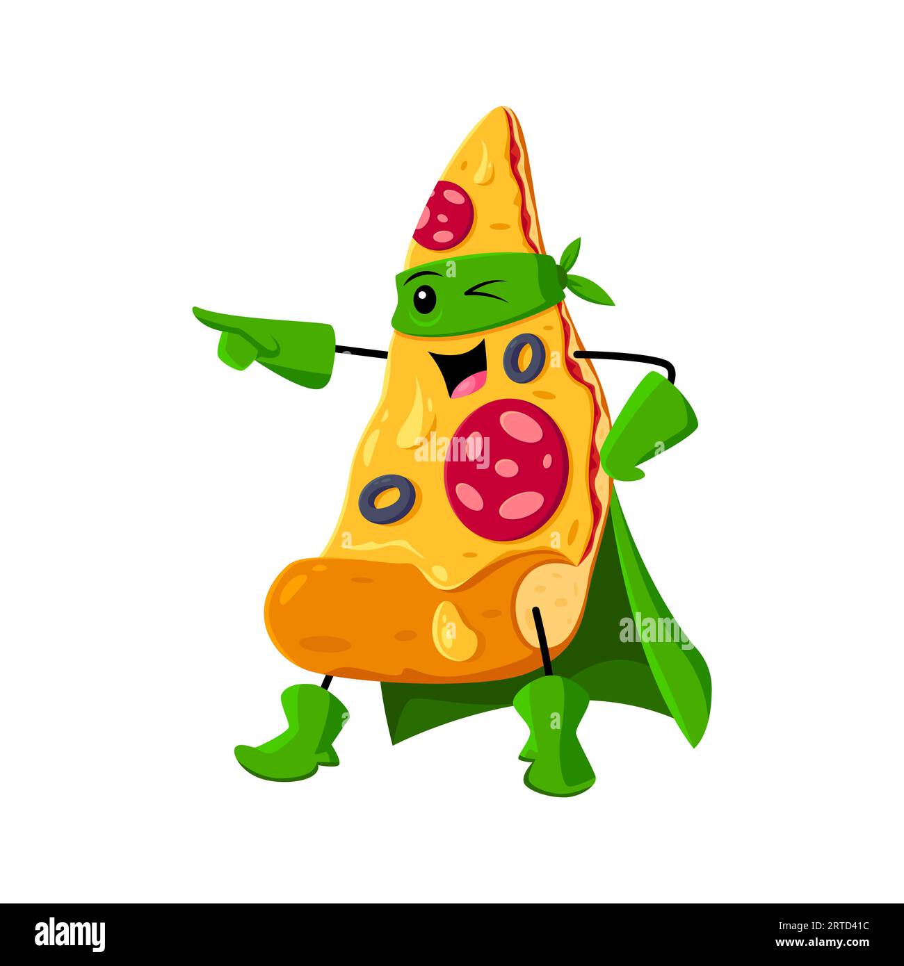 Cartoon fast food piece of pizza superhero character. Pizzeria hero