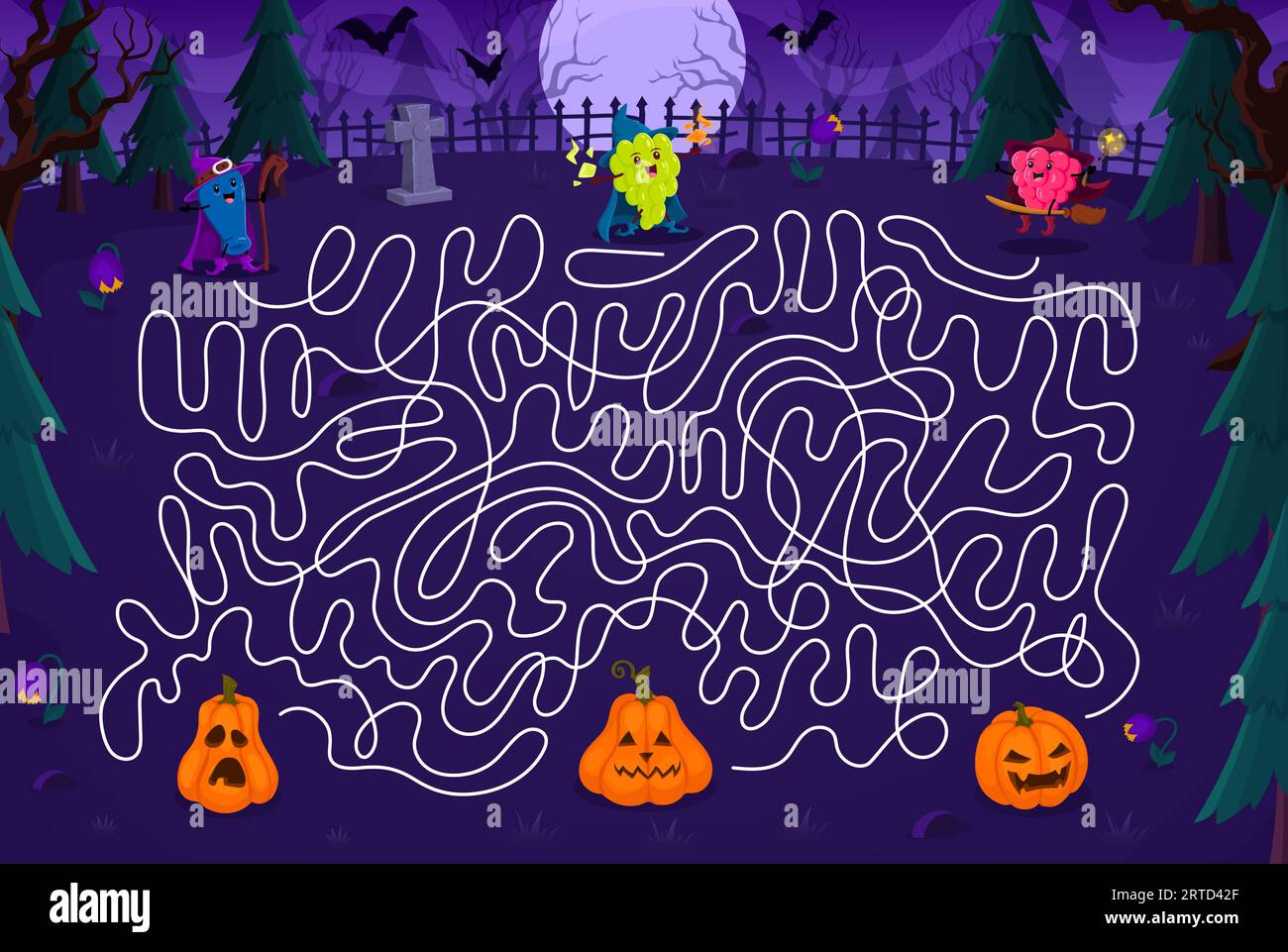 Kids labyrinth maze help to Halloween cartoon berry wizard find a ...