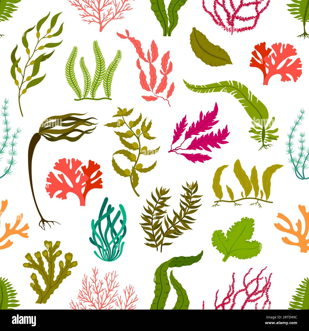 Underwater seaweed plants seamless pattern with vector corals and algae. Aquarium, sea and ocean water seaweed background. Green and red leaves of mar Stock Vector