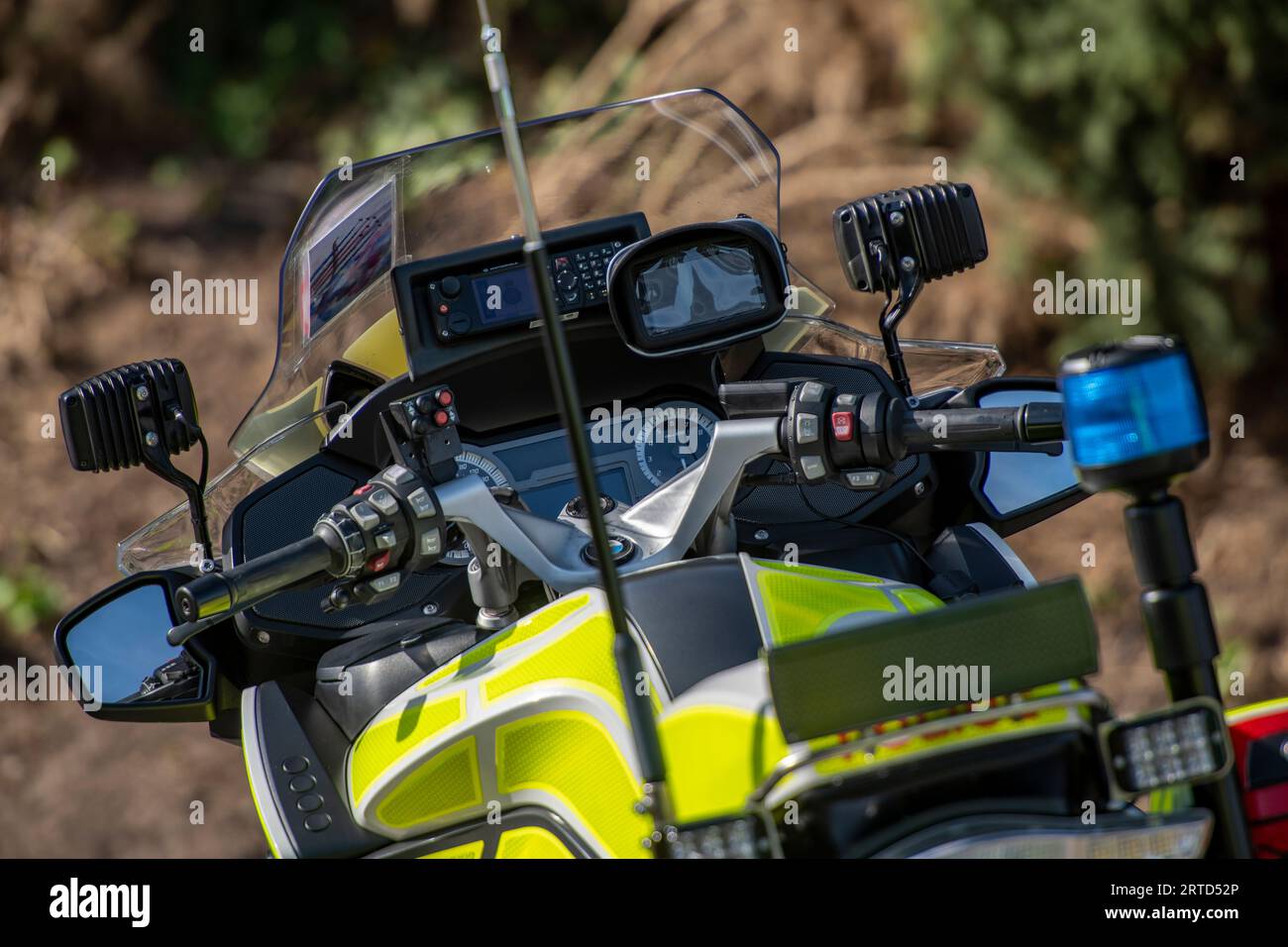 close up of police traffic offer bmw motorcycle. Stock Photo