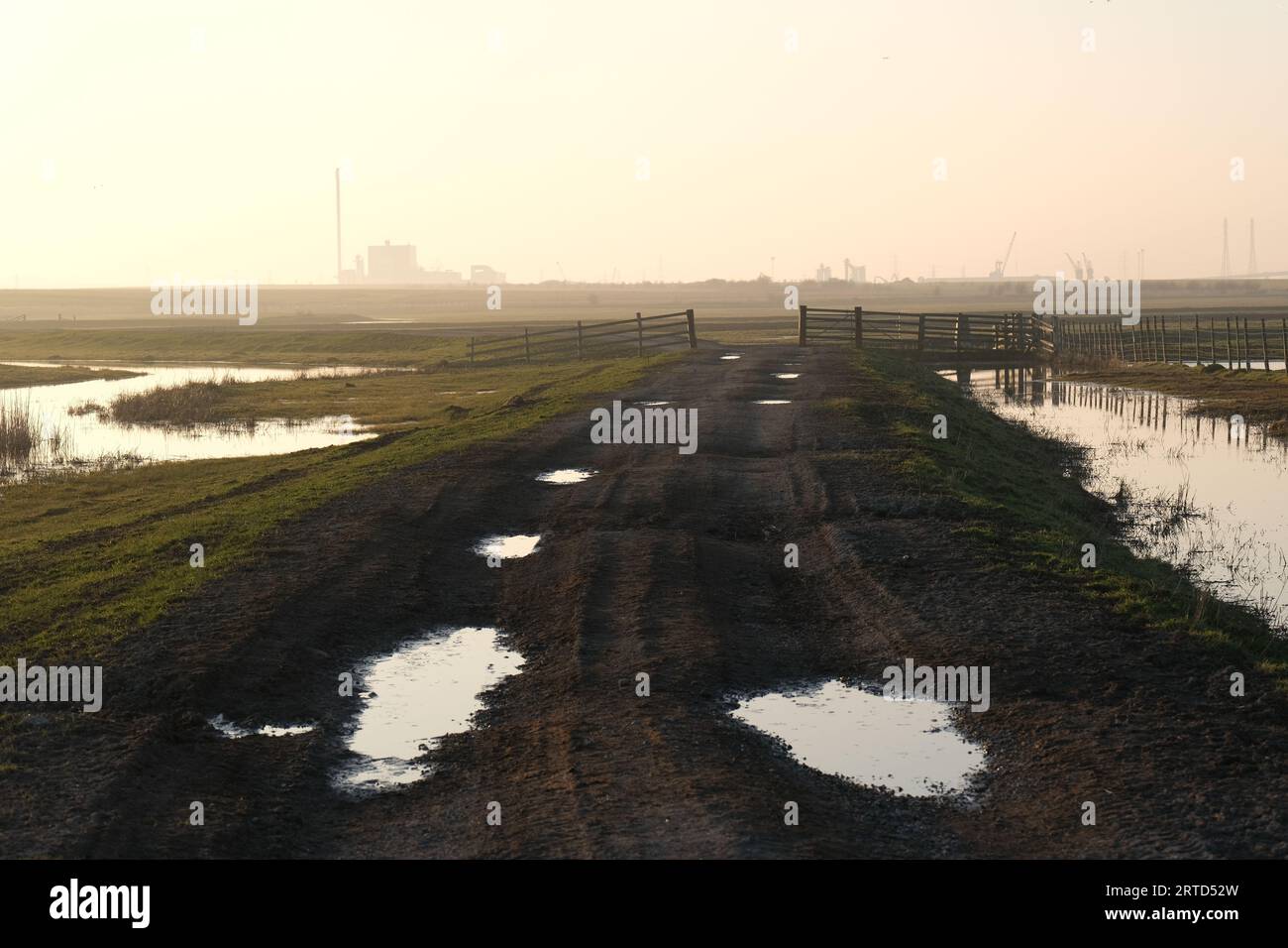 Wet farm track and gate with Elmley Cement Works in the background, Elmley, Isle of Sheppey, Kent, England Stock Photo