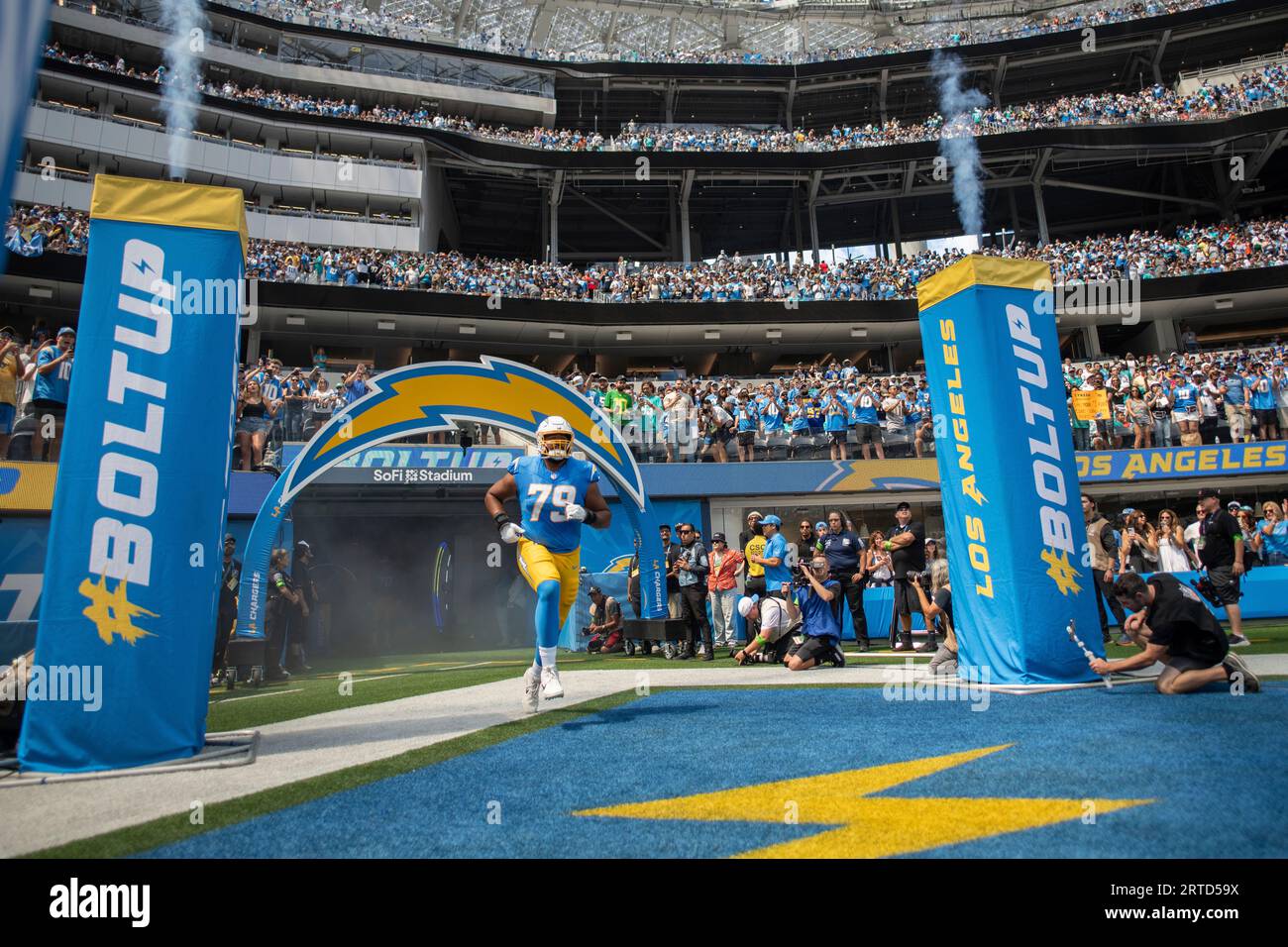 Los Angeles Chargers offensive tackle Trey Pipkins III (79) takes his  stance during an NFL football game against the Jacksonville Jaguars Sunday,  Sept. 25, 2022, in Inglewood, Calif. (AP Photo/Kyusung Gong Stock