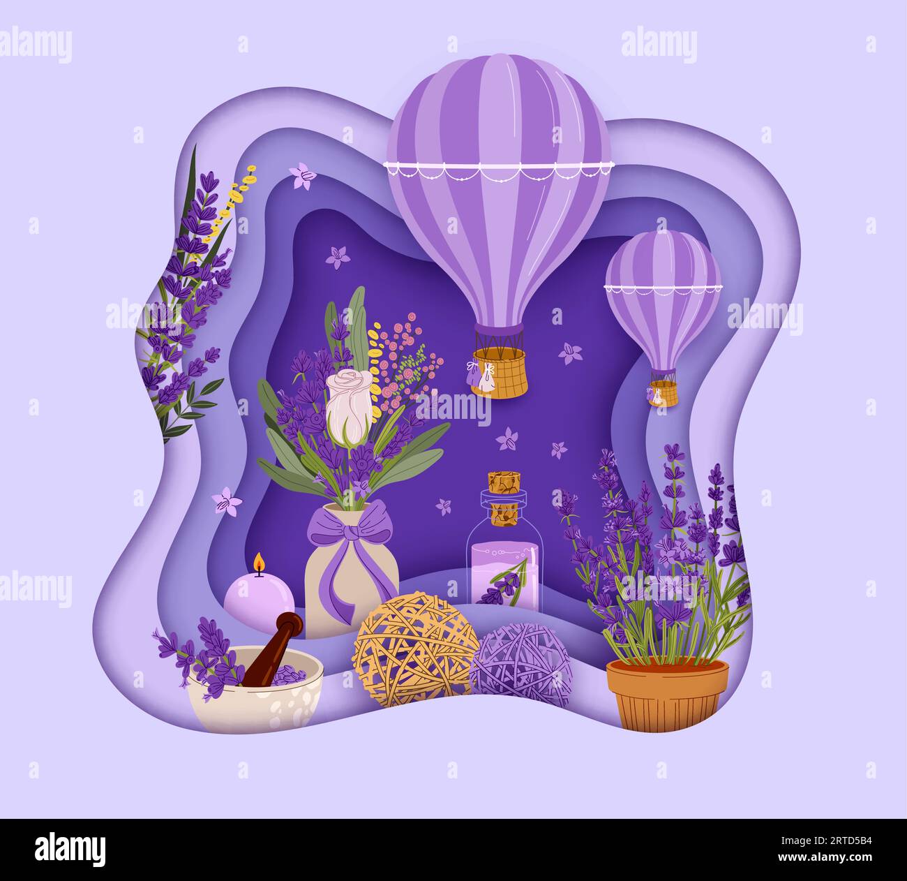 Lavender paper cut banner with hot air balloon and cosmetics. Vector bouquets of purple lavender flowers, provence herbs and plants in lilac frame of Stock Vector