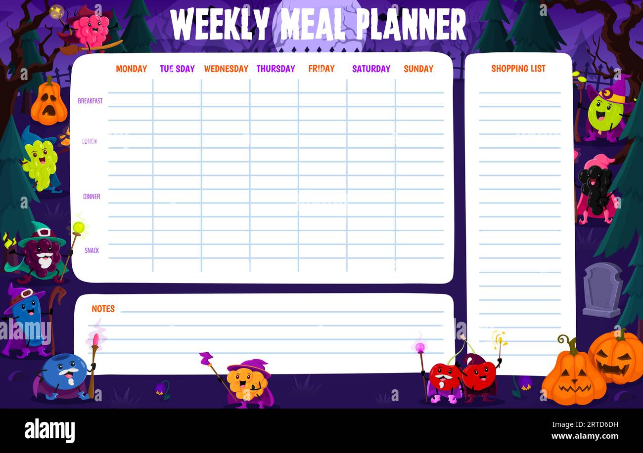 Weekly meal planner schedule with cartoon Halloween berry wizards at ...