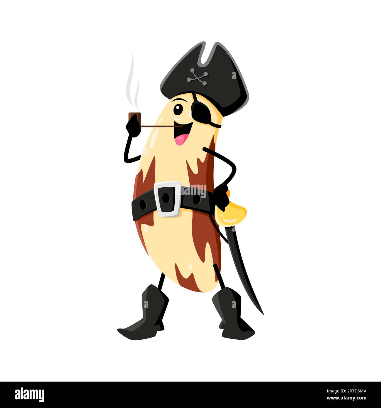 Cartoon brazil nut pirate dressed in captain attire, hat and eye patch