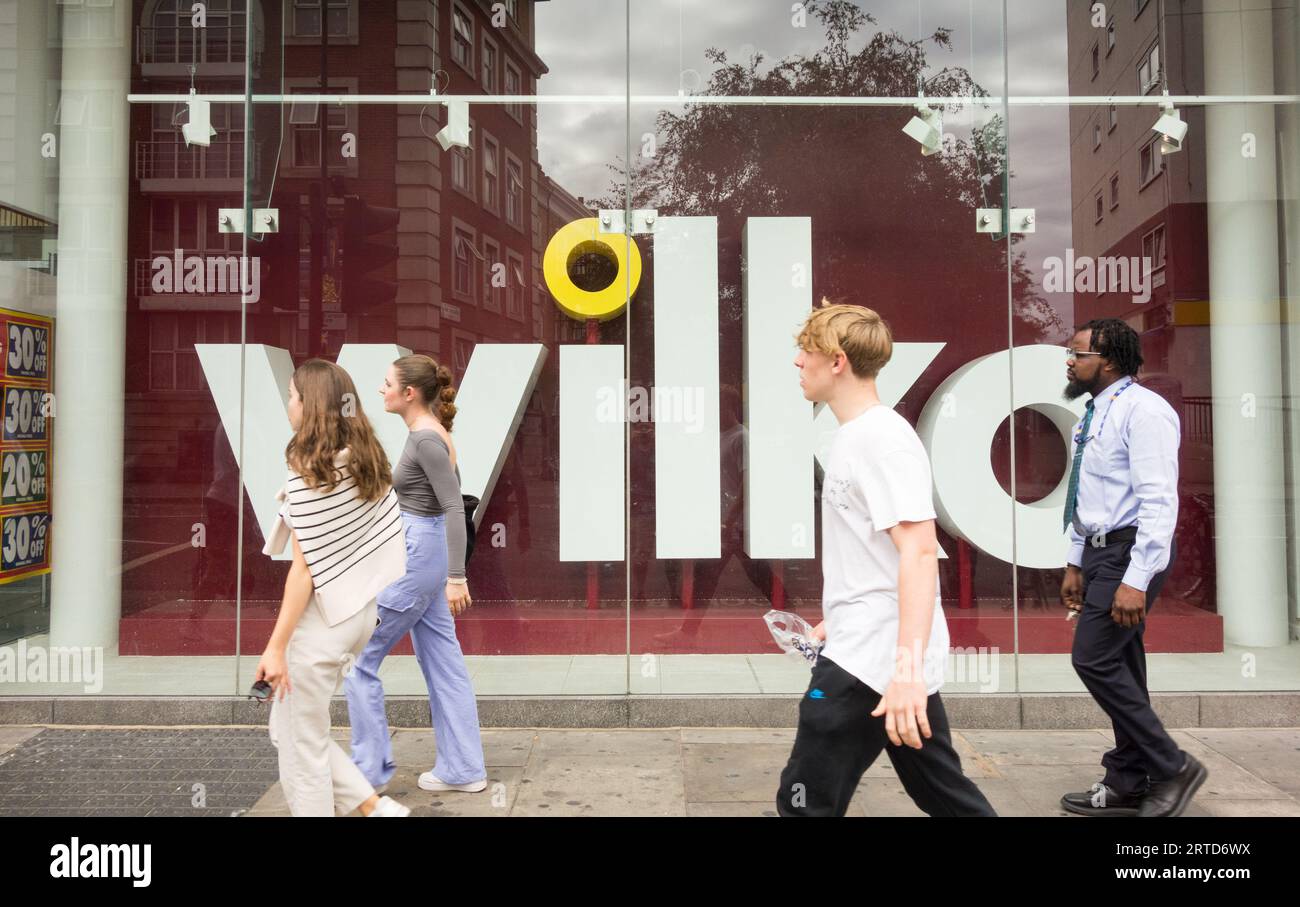 London, England, UK. 12 September 2023.  Wilko shop signage and window display. Fulham Broadway, west London, England, U.K. Stock Photo