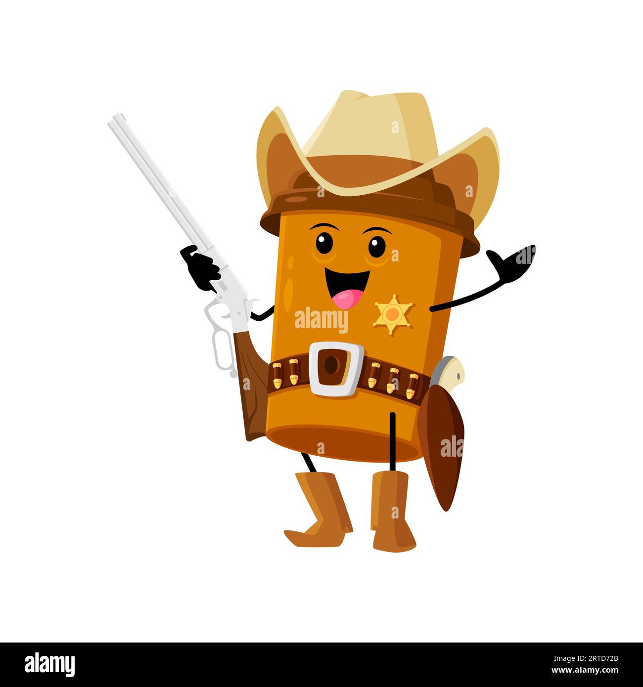 Cartoon fast food coffee cup cowboy character. Takeaway hot drink