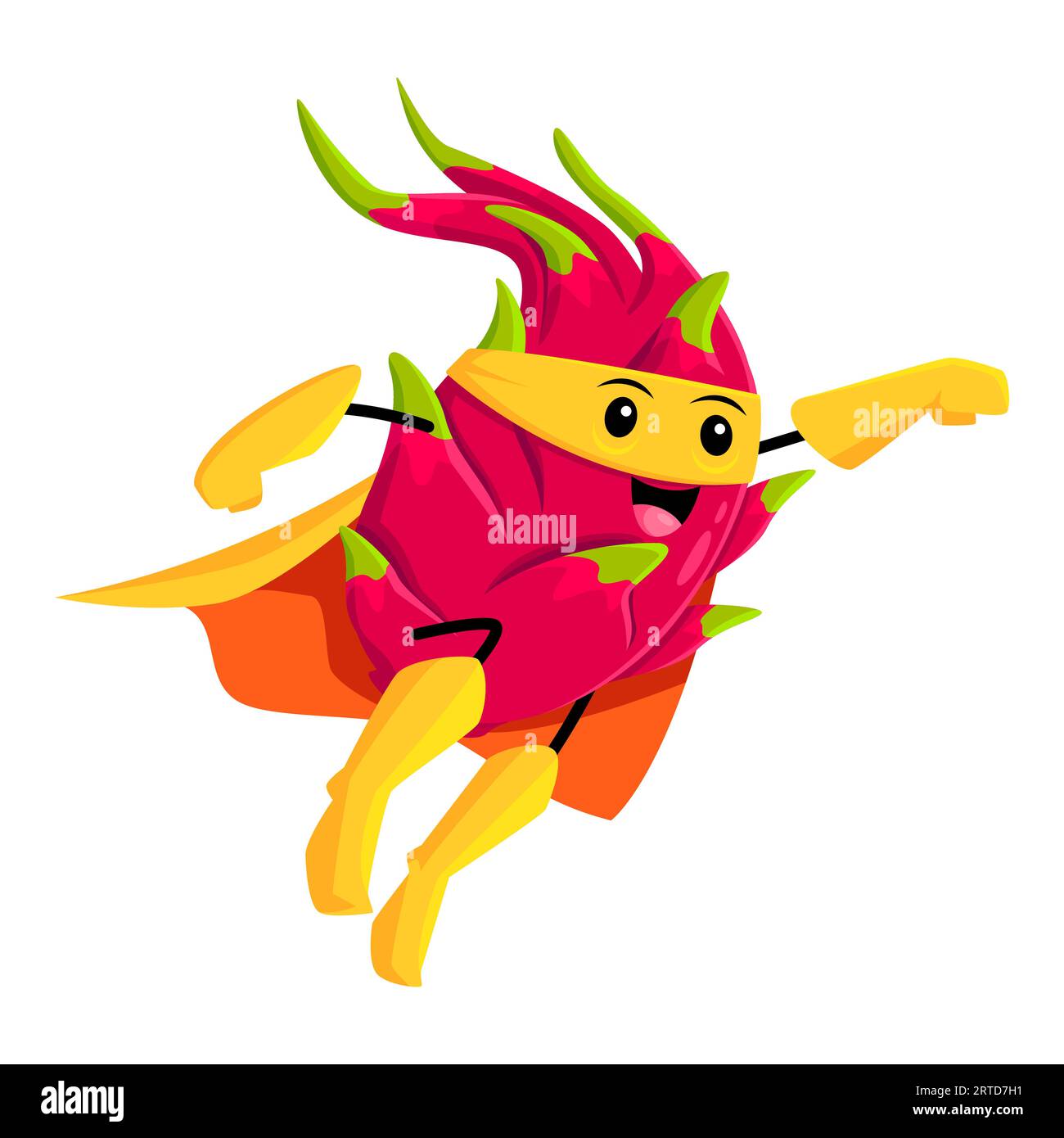Cartoon dragon fruit superhero defender character flying high with powerful punch. Smiling tropical pitahaya juicy fruit wear mask and cape soaring th Stock Vector