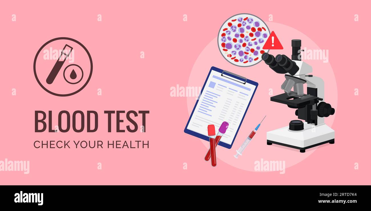 Blood test banner with microscope and blood samples high white blood