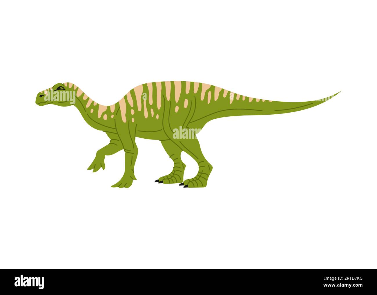 Green childish dino, dinosaur animal with stripes on back, cartoon