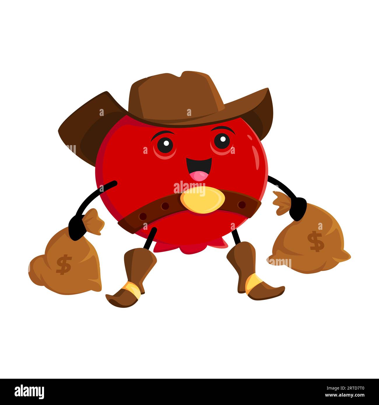 Cartoon cranberry cowboy character. Vector berry ranger, mooseberry wild west robber bandit in hat with money sacks in hands. Funny garden plant weste Stock Vector