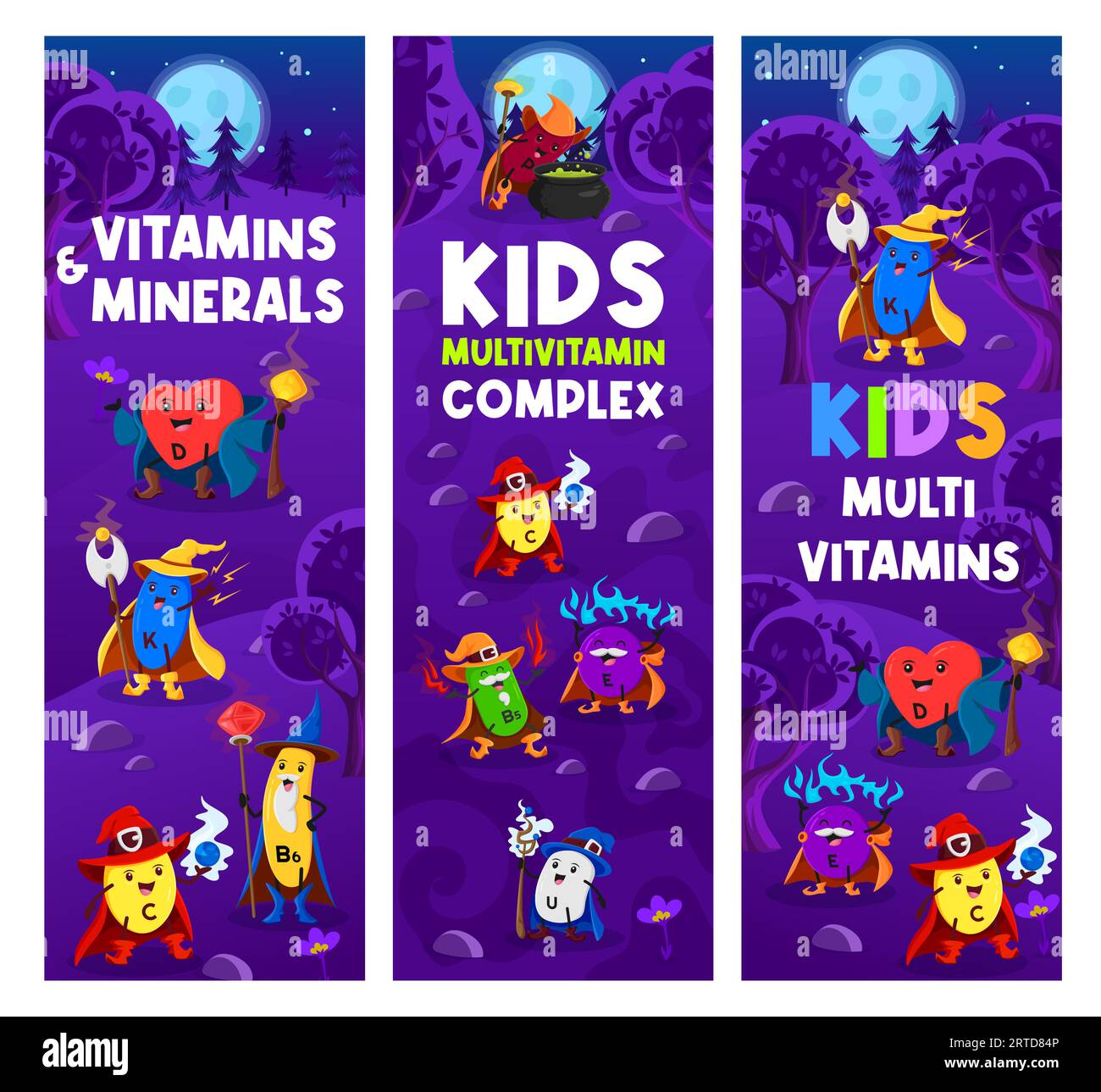 Cartoon vitamin and micronutrient wizards, mages and sorcerers. Vector kids Halloween banners with B5, P and B3, B9, B2, U, K and E, B5, D, C, B1 and Stock Vector