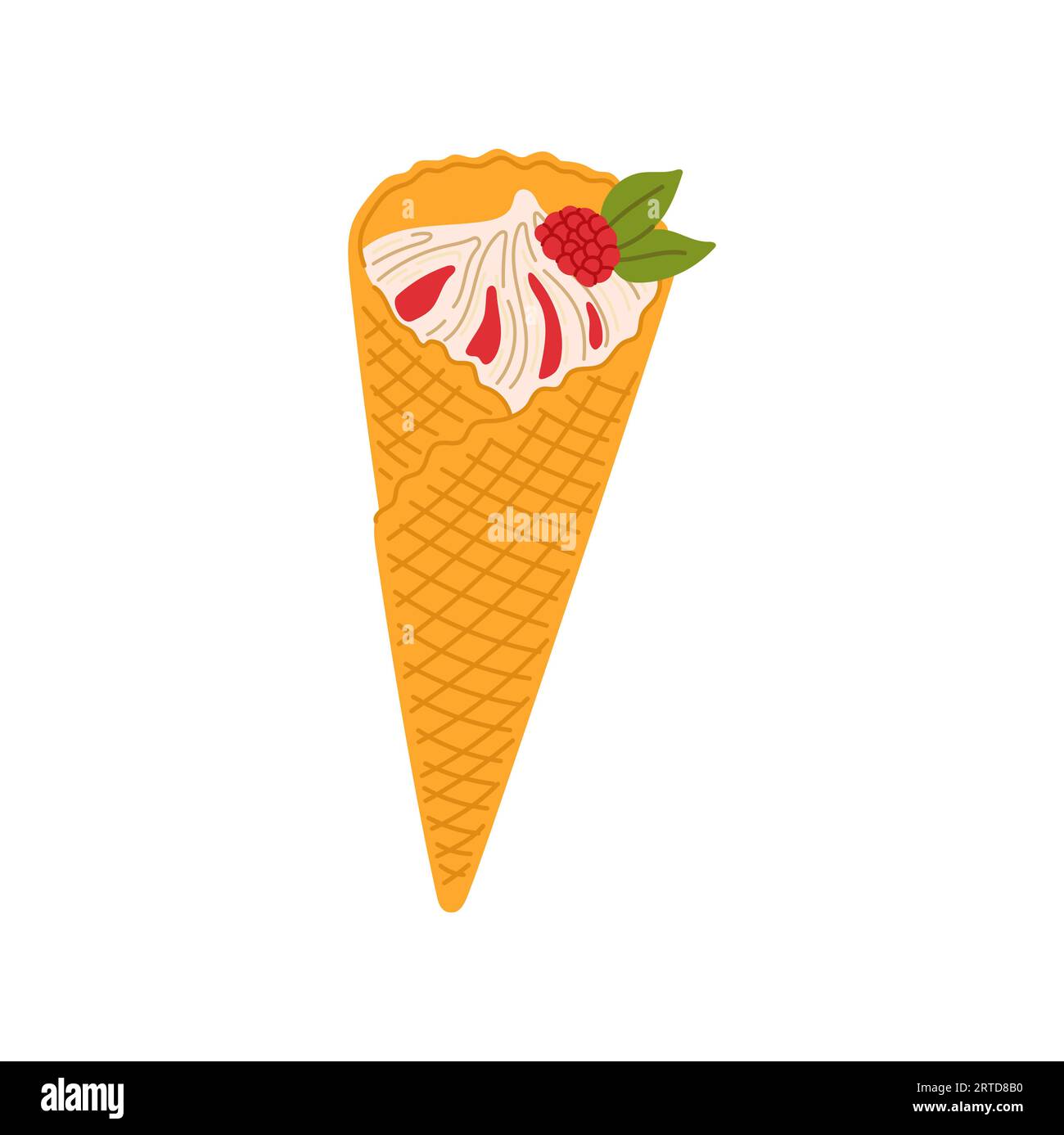 Fruity ice cream in waffle cone, sundae in wafer with raspberry on top