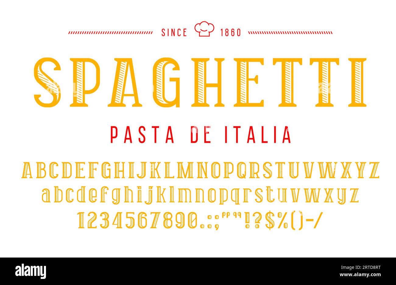 Italian pasta font or type, kitchen typeface, retro alphabet. Vector