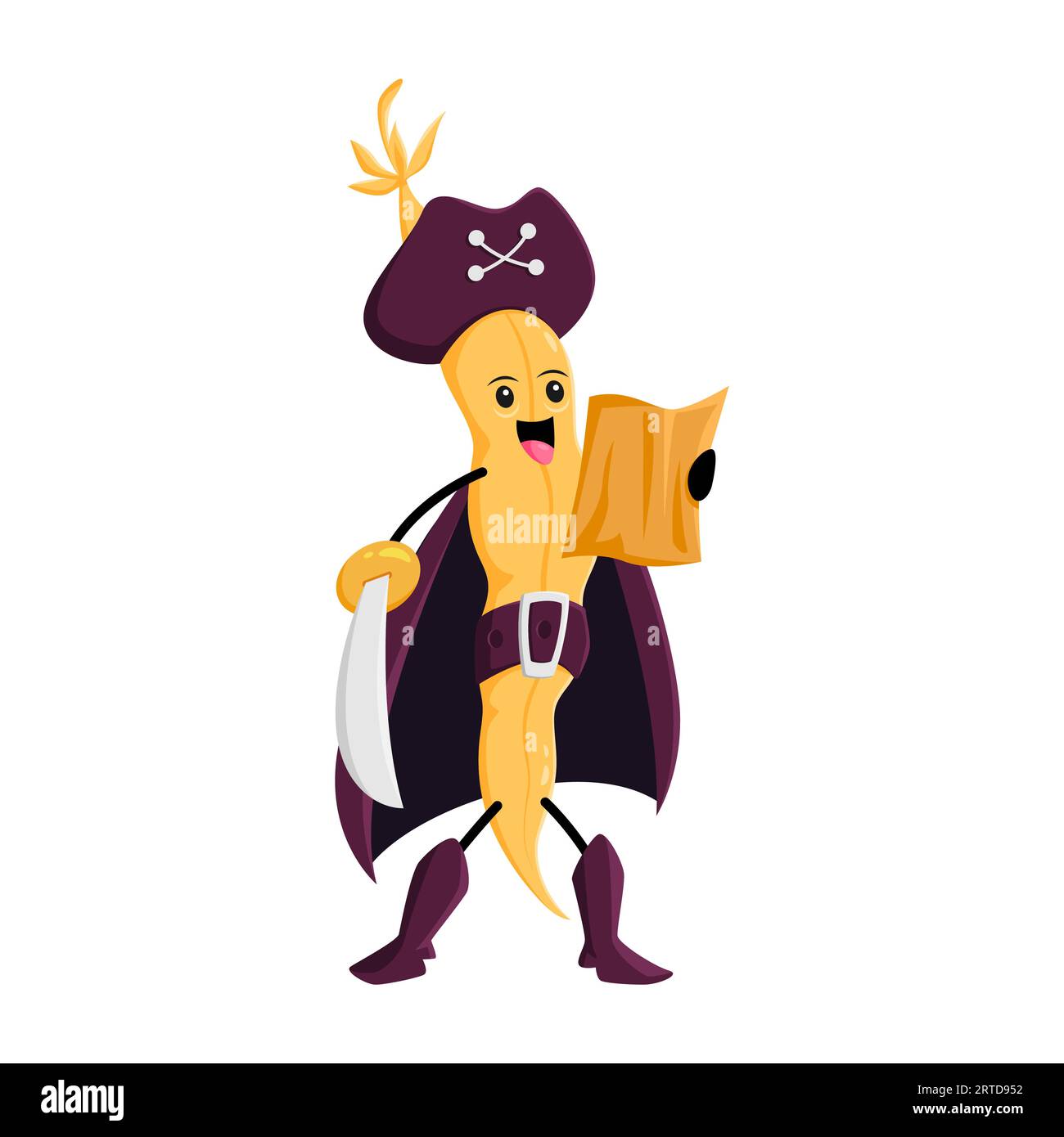 Cartoon soybean pod pirate or corsair character holding treasure map with sword in hand, sailing the high seas in search of treasure. Isolated vector Stock Vector