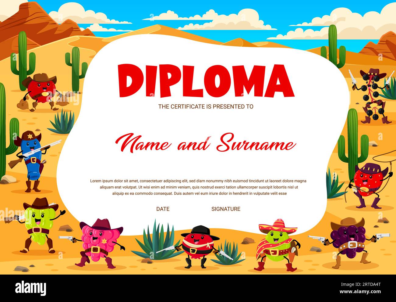 Western kids diploma, cartoon berry cowboy, sheriff, ranger and bandit characters. Education vector certificate with cranberry, honeyberry, grapes and strawberry. Raspberry, blackberry, gooseberry Stock Vector