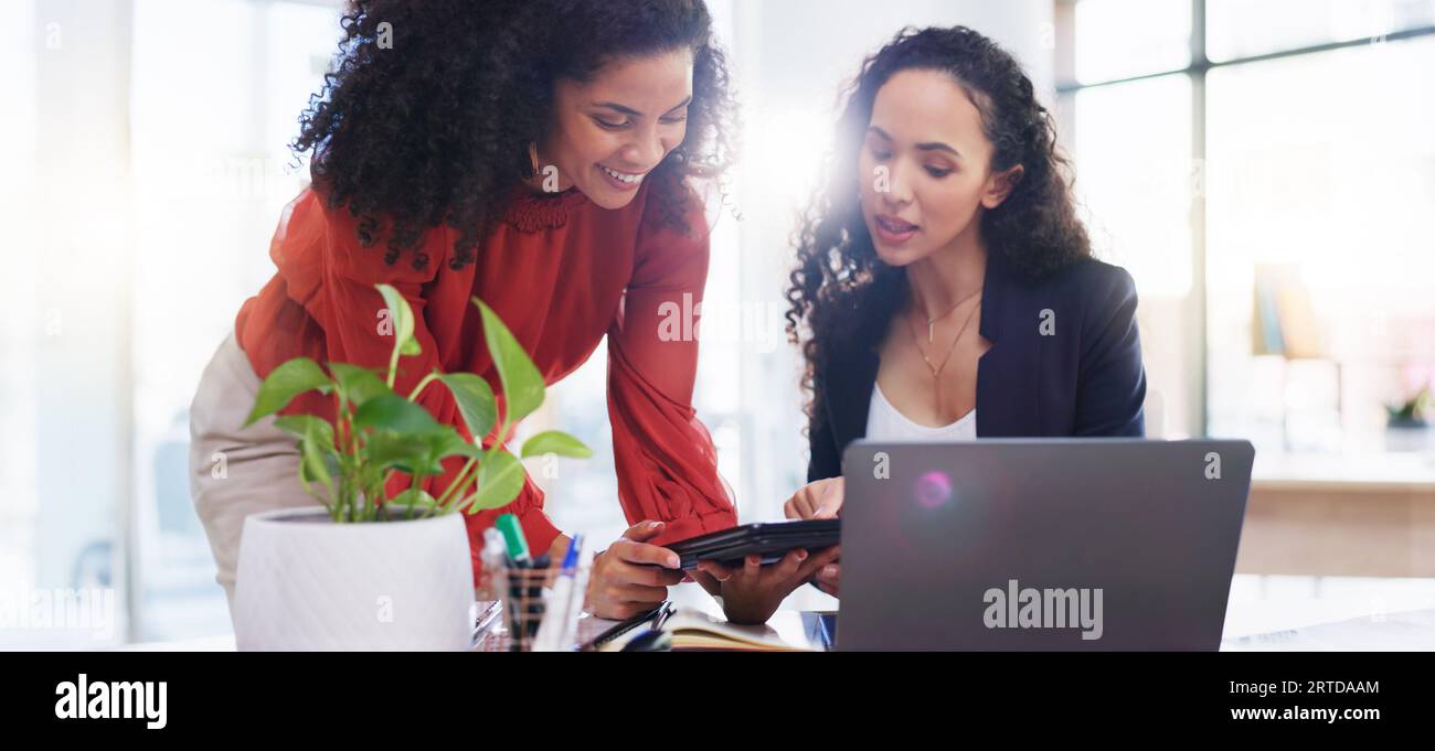 Teamwork, tablet and business women in office helping coworker with ...