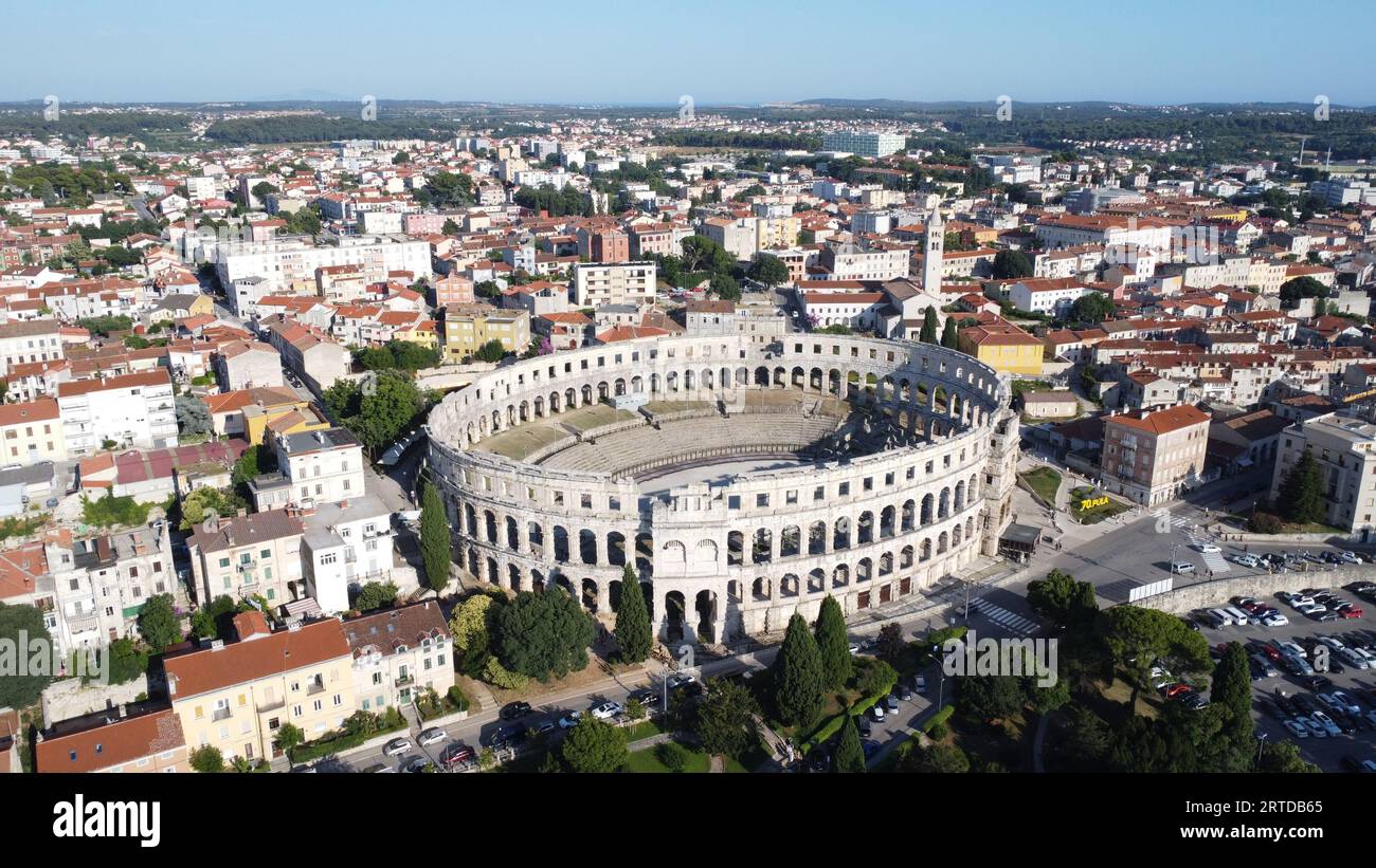 An aerial view of the Pula Arena located in Pula, Croatia. It is the only remaining Roman amphitheatre to have four side towers entirely preserved. Stock Photo