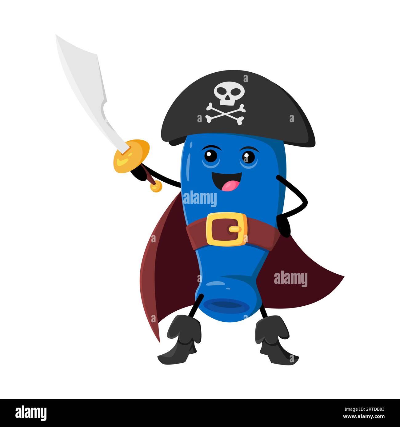 Cartoon funny honeyberry pirate captain character. Vector berry corsair with saber in hand. Happy smiling picaroon honeysuckle adventurer personage in cocked hat, cape and boots ready for adventure Stock Vector