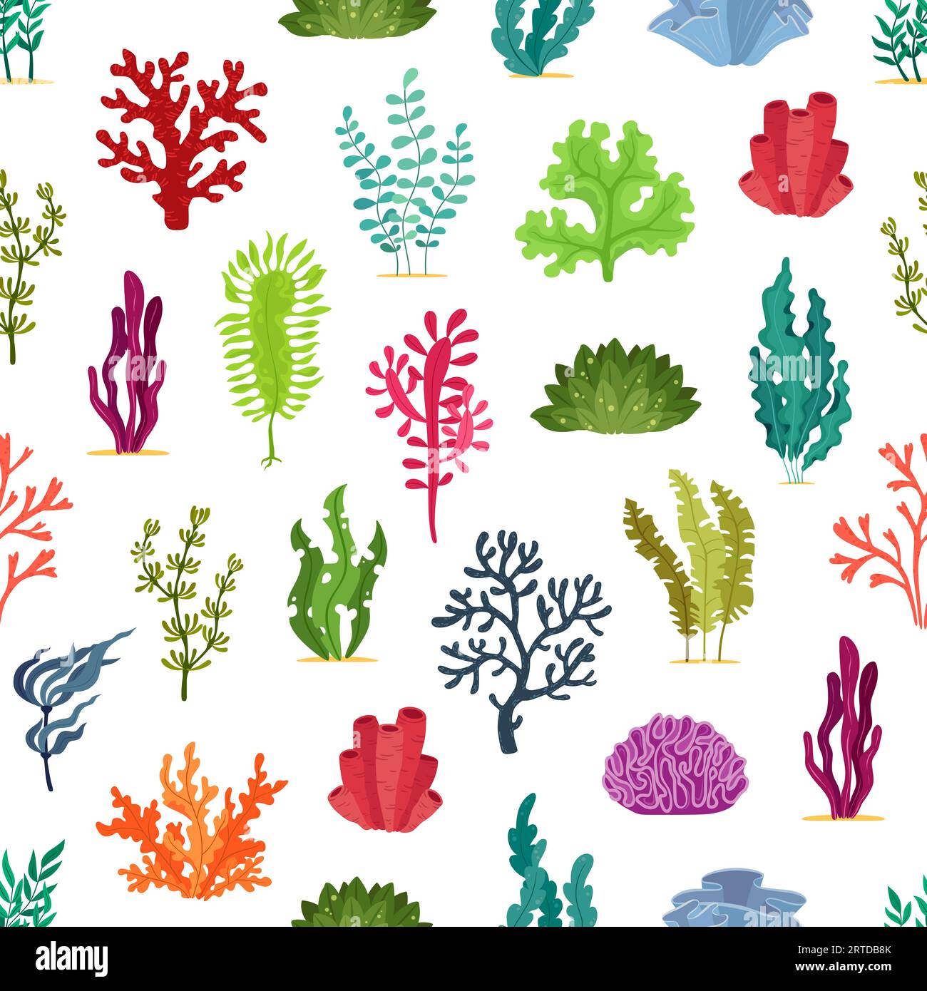 Underwater seaweed plants. Aquarium sea algae seamless pattern with green, red, purple and blue leaves. Vector background of marine water plants, kelp, spirulina, laminaria, caulerpa and codium Stock Vector