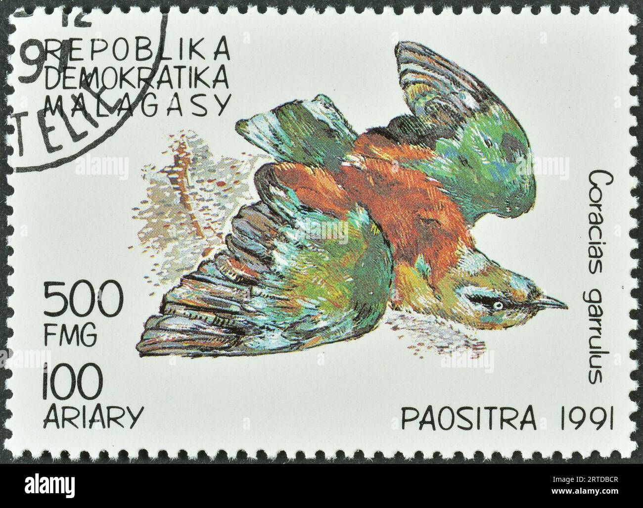 Cancelled postage stamp printed by Madagascar, that shows European Roller (Coracias garrulus), circa 1991. Stock Photo