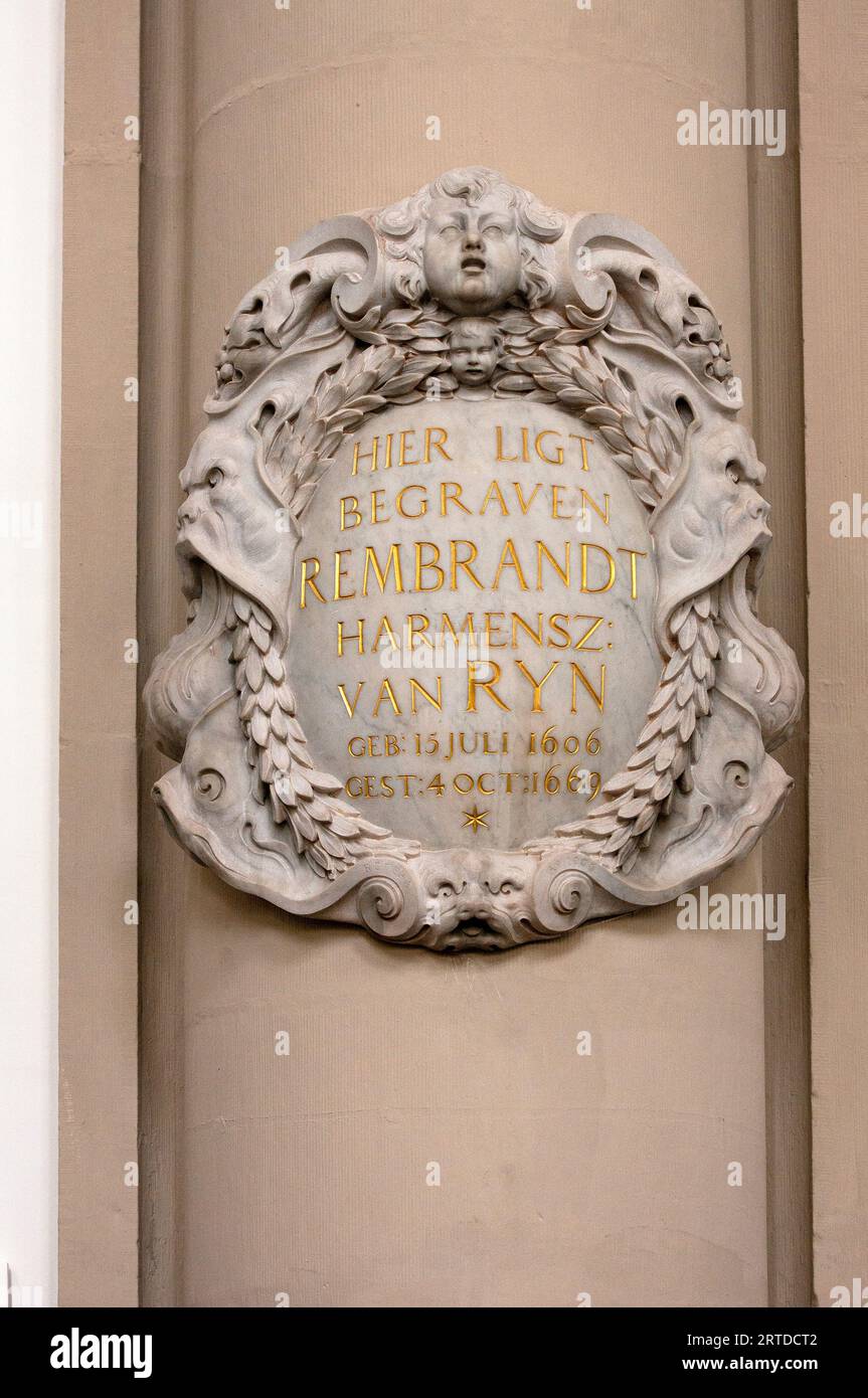 Rembrandt van Rijn (1606-1669) memorial stone in Westerkerk, the church where the famous painter was buried on 8 october 1969, Amsterdam, Netherlands Stock Photo
