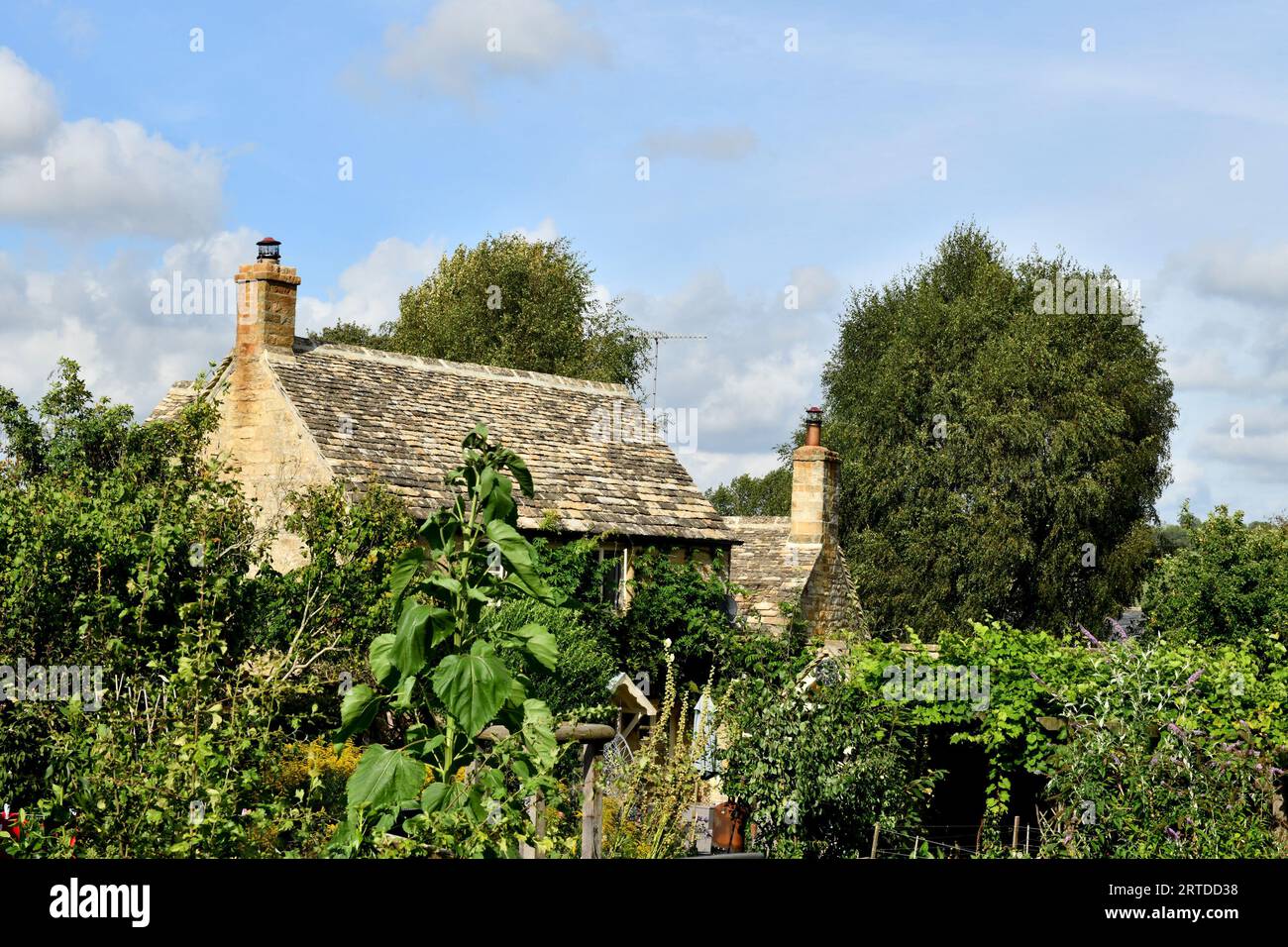 A beautiful stone cottage surrounded by a beautiful garden in the Cotswolds Village of Guiting Power on a bright sunny September day with blue sky Stock Photo