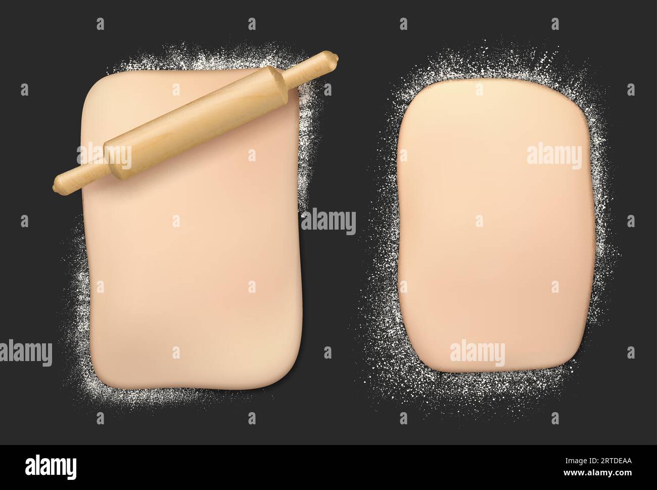 Realistic bakery dough with flour and rolling pin. Bakery shop or