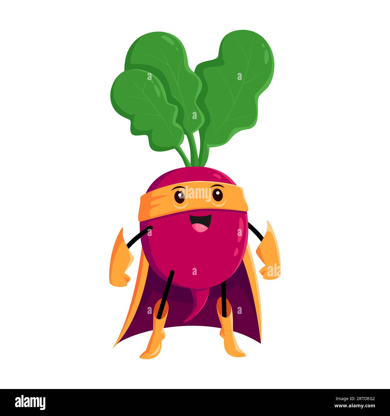 Cartoon radish vegetable super hero character. Isolated vector Funny fairytale comics book