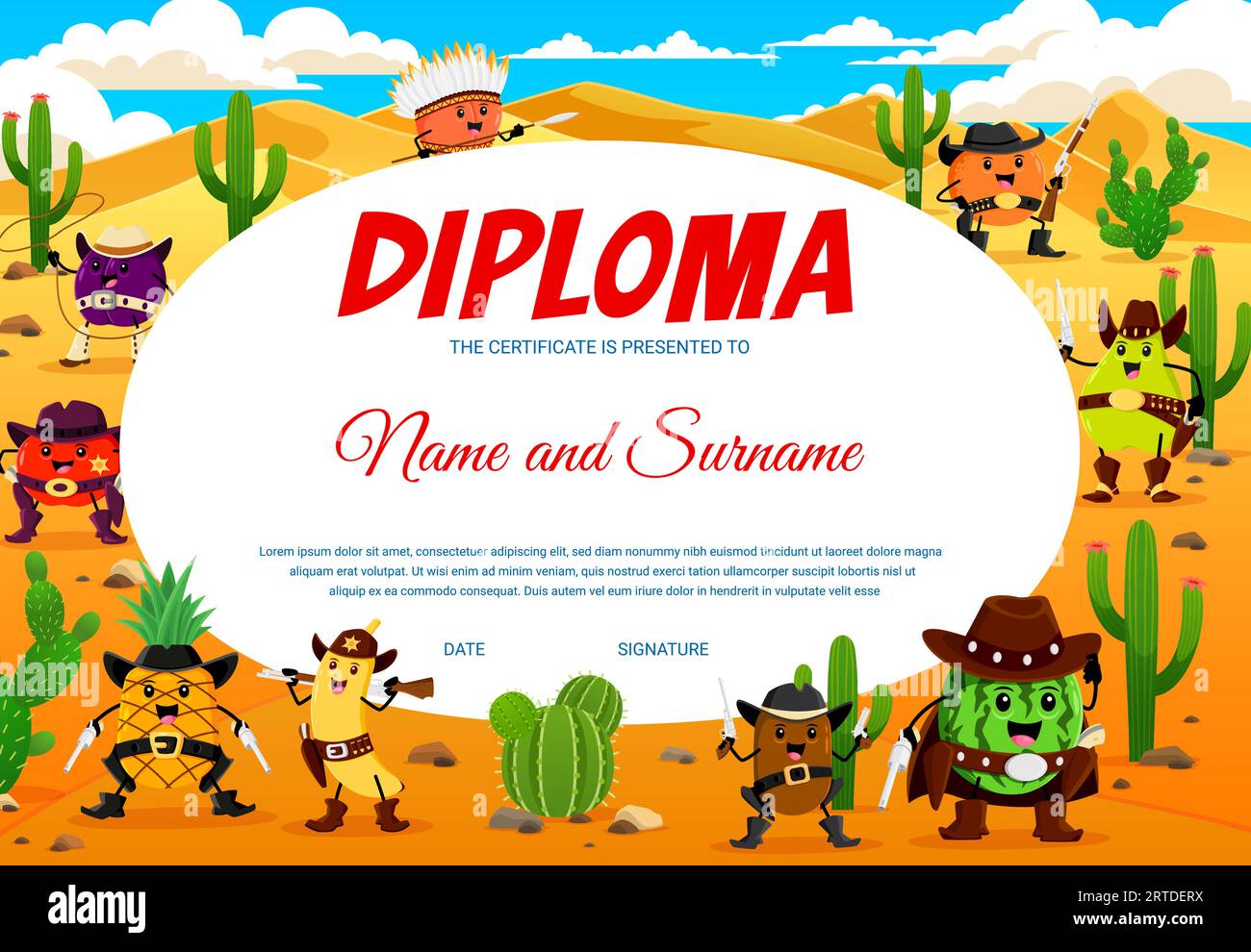 Kids diploma. Cartoon Western cowboy, sheriff and robber fruits characters. Child competition winner vector diploma with pineapple, banana, kiwi and watermelon, guava, peach Wild West funny personages Stock Vector