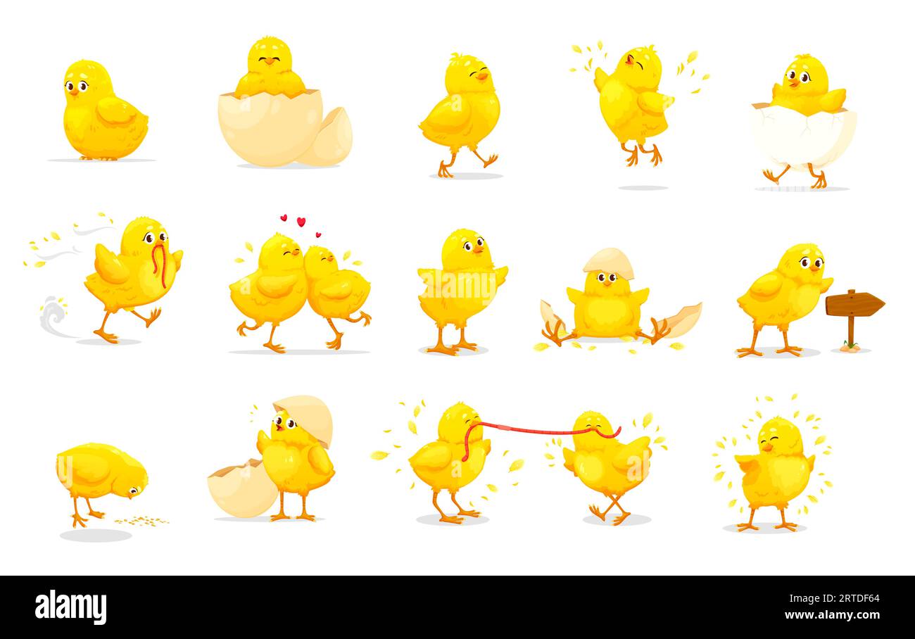 Cartoon chick characters of cute baby chickens. Little yellow farm bird vector personages with egg shells, worms and grains. Fluffy chicks hatching, sitting, running and eating, jumping and walking Stock Vector