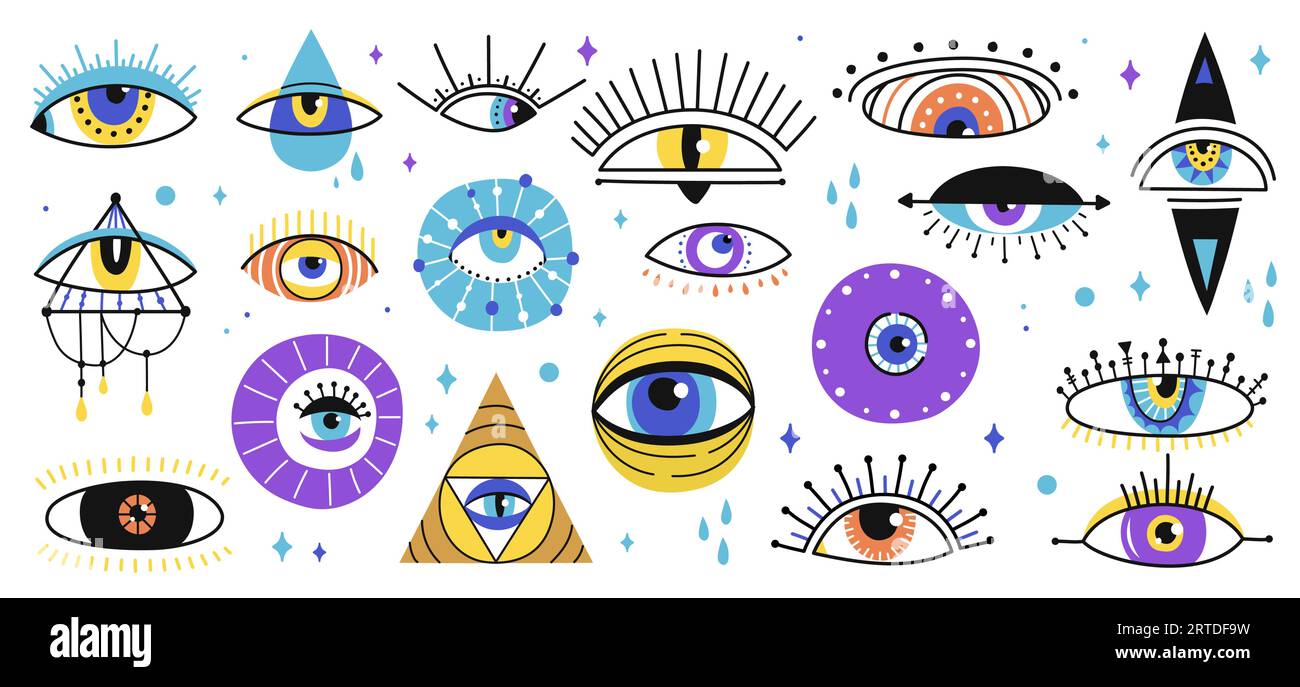 Magical witchcraft eyes, vector evil eyes of greek and turkish magic amulets. Mystic esoteric symbols of hamsa, nazar or fatima with eyeballs, teardrops, triangle and geometric pattern Stock Vector