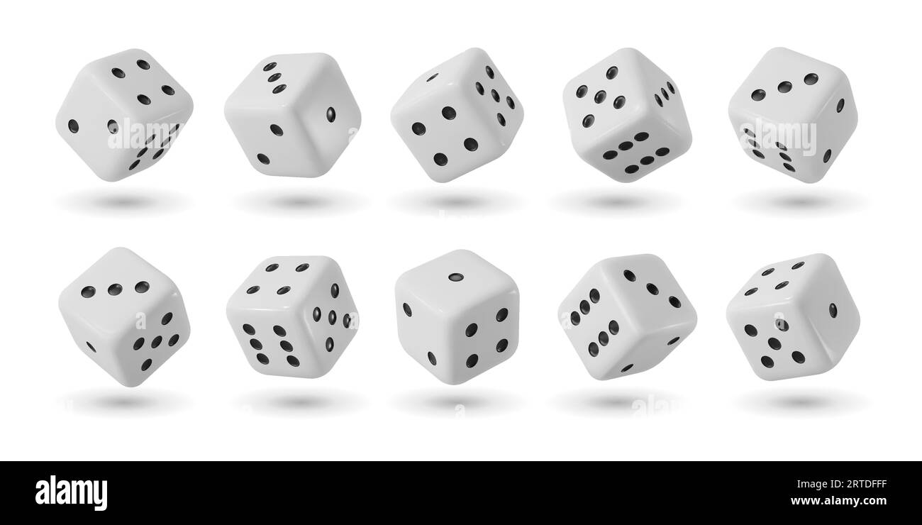 Realistic dices, 3d gamble game cubes. Isolated vector object for gambling and board games. White cubes with random numbers and black pips on facet, for casino, craps and poker, tabletop or boardgames Stock Vector