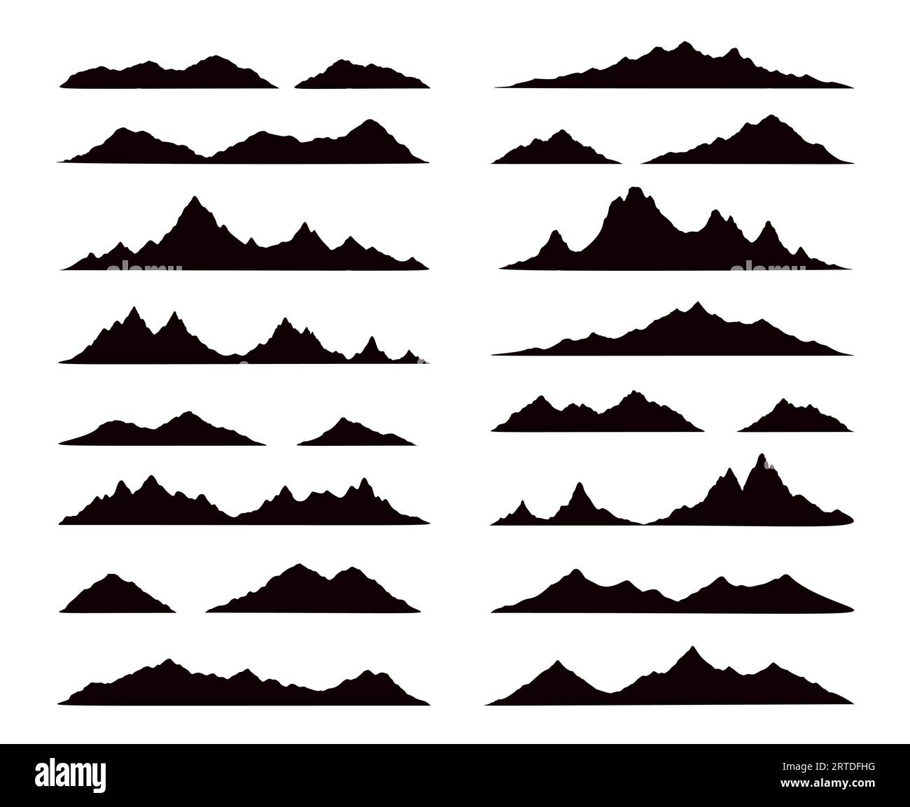 Mountain range black silhouettes, rocky landscape shapes. Isolated vector range of hills, monochrome ridges. Alps with summit peaks set of elements for adventure, rocks climbing, travel and hiking Stock Vector