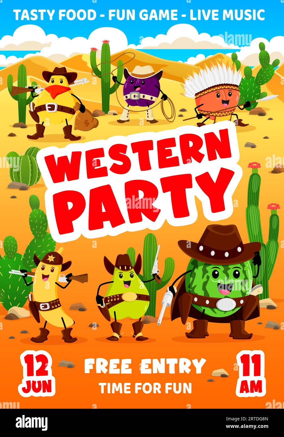 Kids western party flyer, cartoon cowboy, sheriff and robber fruits characters. Vector invitation poster with funny quince, plum, orange and banana, pear or watermelon Wild west personages in desert Stock Vector