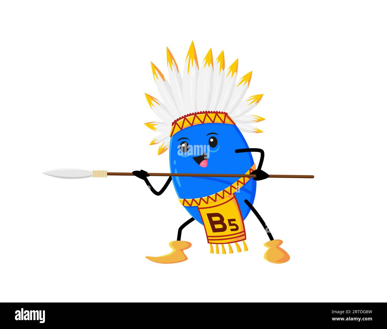 Cartoon vitamin B5 Indian character or native American warrior, vector kids mascot. Funny cute vitamin B5 Indian chief in feather tribal headdress with spear weapon of Apache or Cherokee Indians Stock Vector