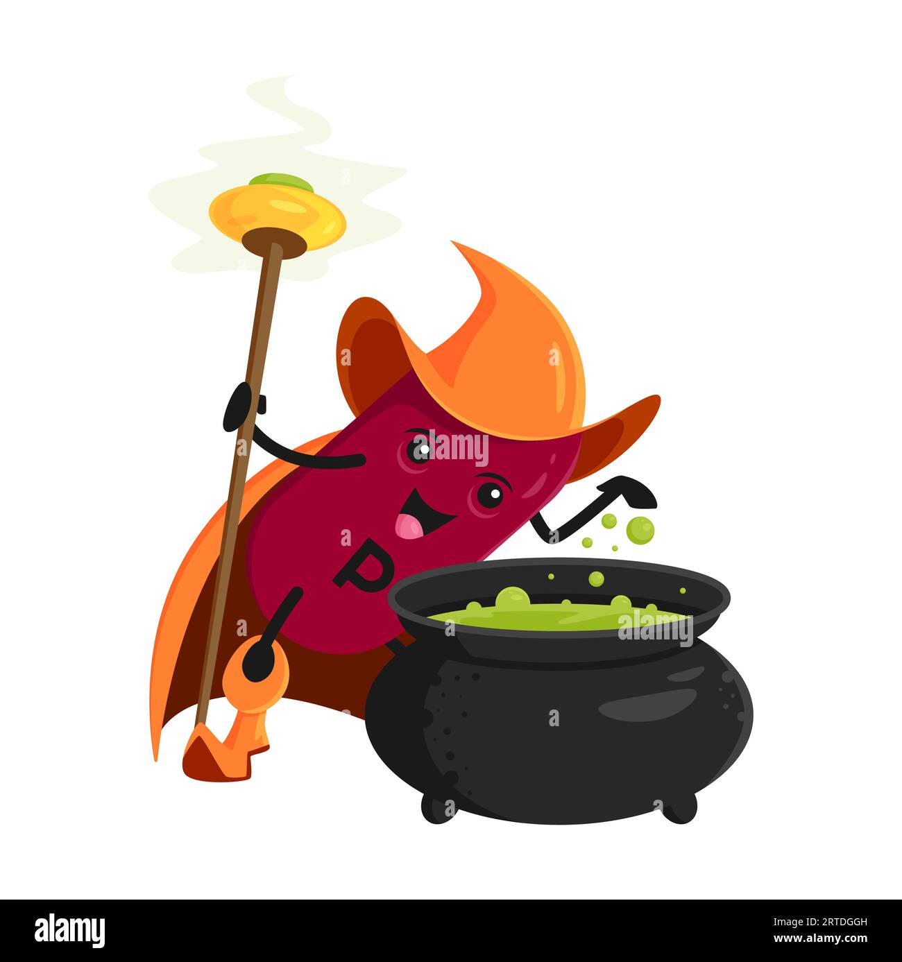Cartoon vitamin flavonoids or phosphorus micronutrient wizard character. Isolated vector P warlock personage wear cape and hat holding magic staff, cooking brew in pot. Funny supplement mage or wiz Stock Vector