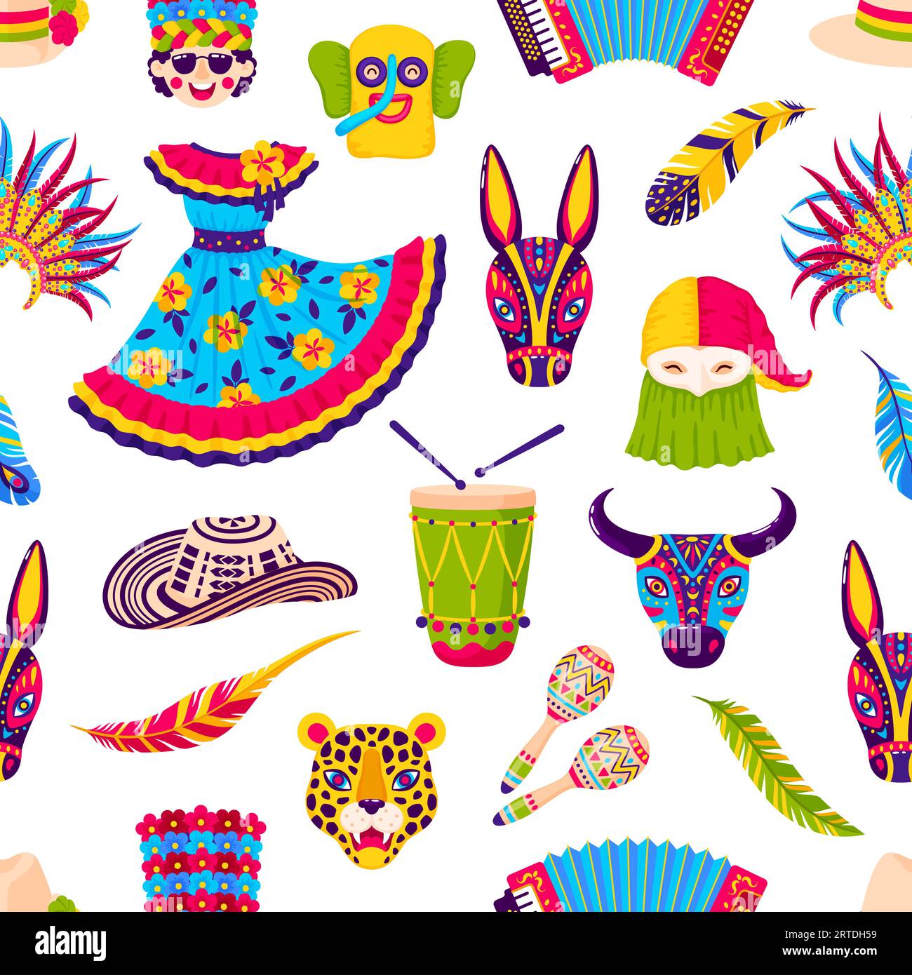 Barranquilla carnival seamless pattern. Vector tile background with holiday traditional feathers, crown, bright dress, hat, animal mask, maracas, accordion and drum for folkloric party celebration Stock Vector