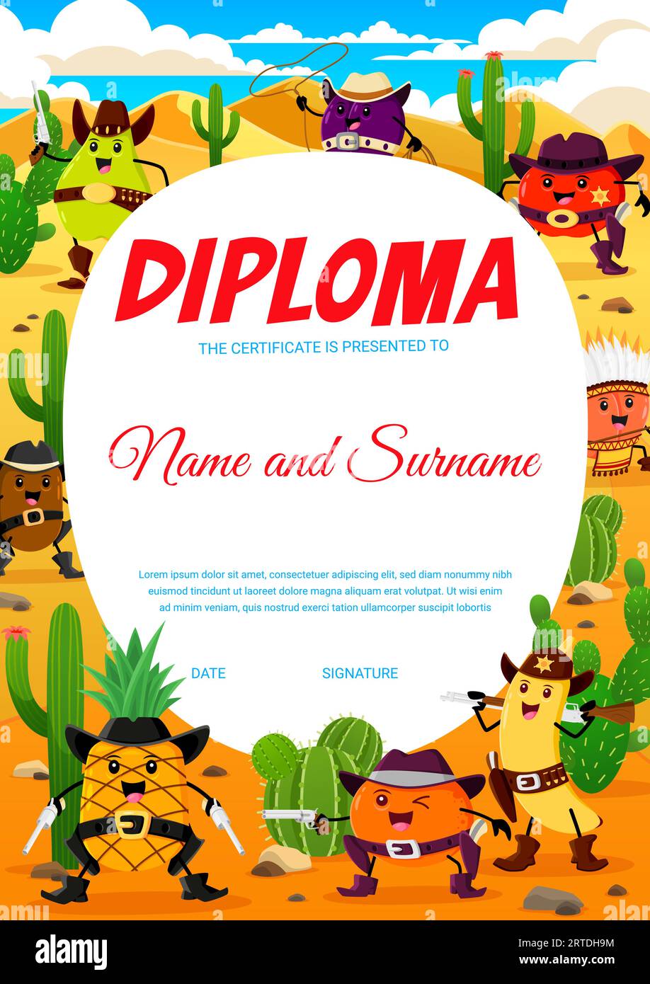 Kids diploma. Cartoon western cowboy, sheriff and robber fruits characters. Child education achievement vector diploma with orange, banana, pineapple and kiwi, peach, apple comical sheriff personages Stock Vector