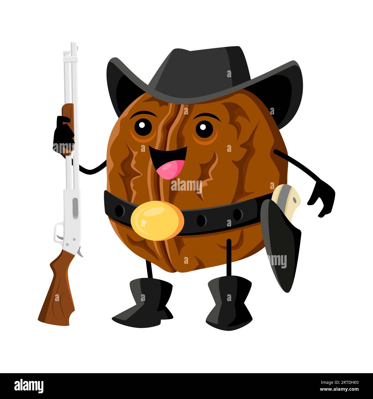 Cartoon walnut nut ranger or cowboy character. Vector unpeeled robber or bandit nut with rifle