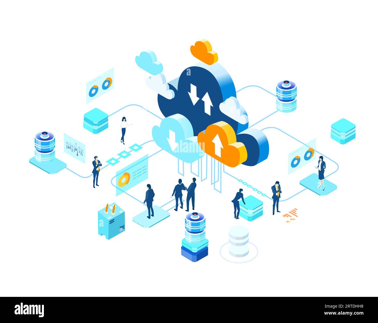 Isometric business environment. Business people, team working in server room, big data analyse, new business, start up, technology, computing consept Stock Vector