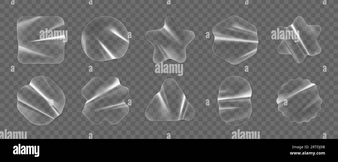 Realistic transparent plastic stickers, adhesive overlay patch. Clear