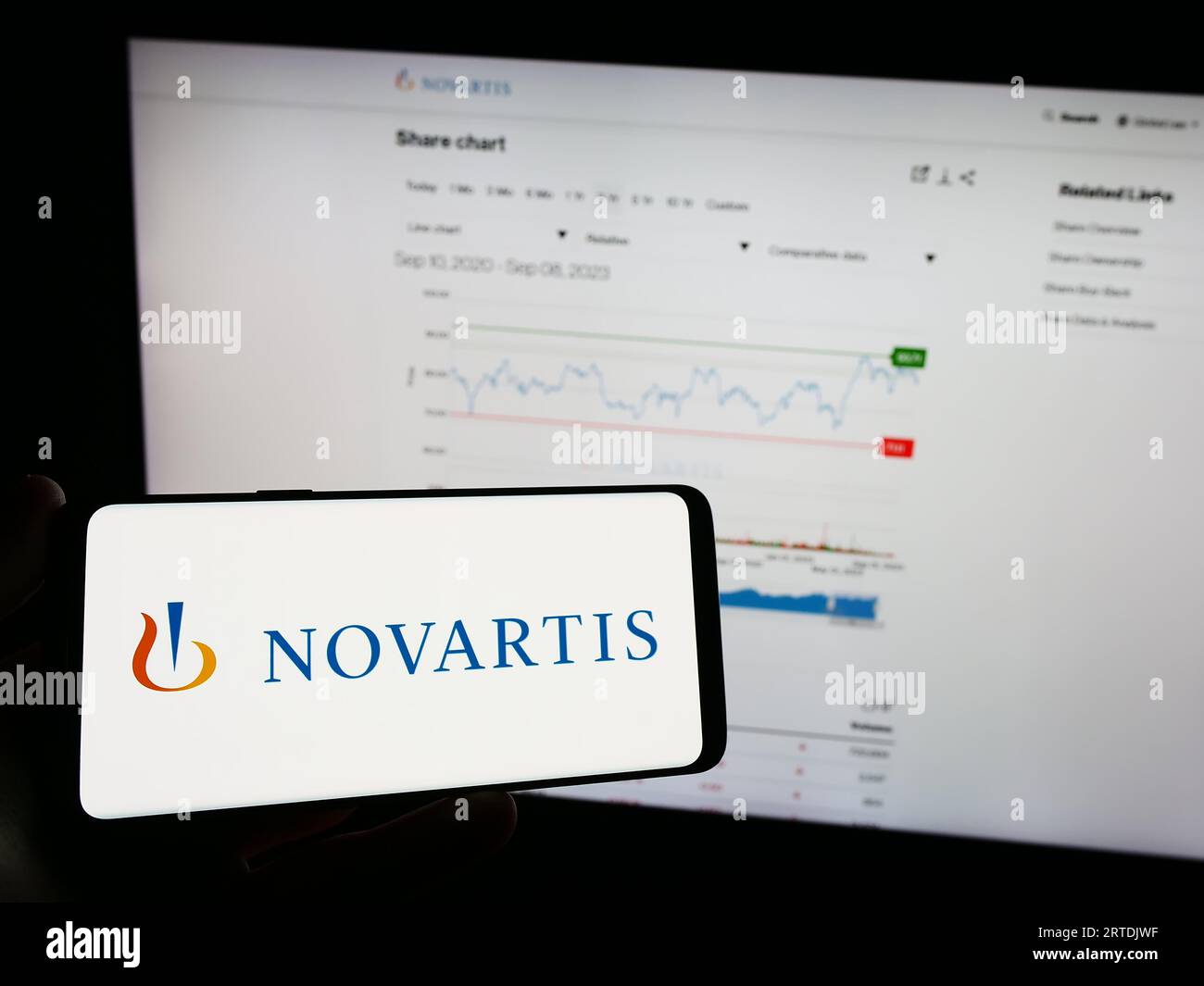 Person holding mobile phone with logo of Swiss pharmaceutical company Novartis AG on screen in front of business web page. Focus on phone display. Stock Photo